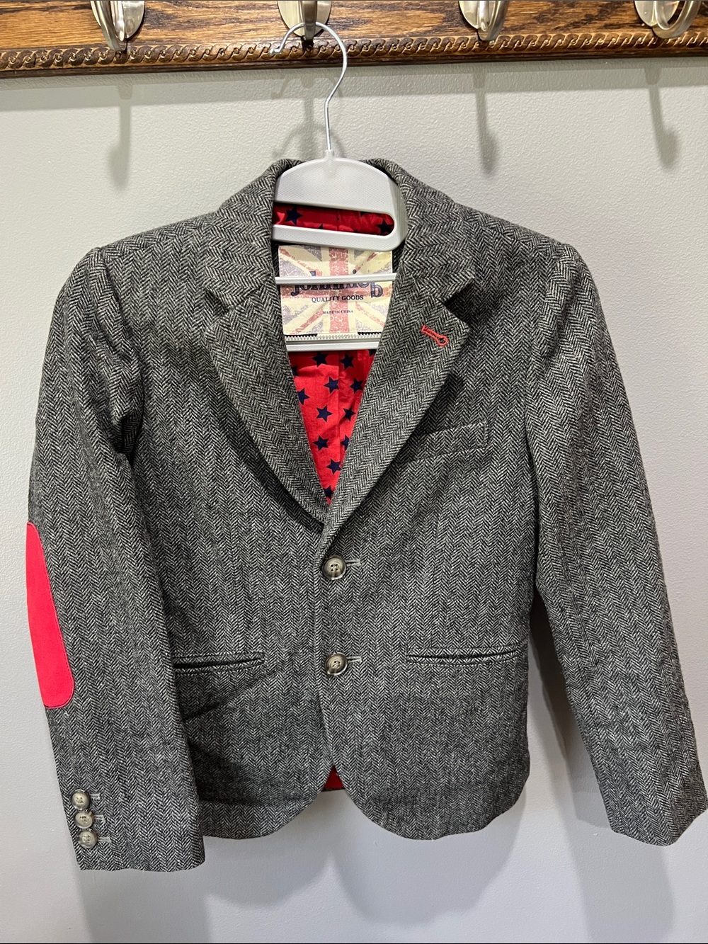 Children's Grey Herringbone Blazer with Red Elbow Patches
